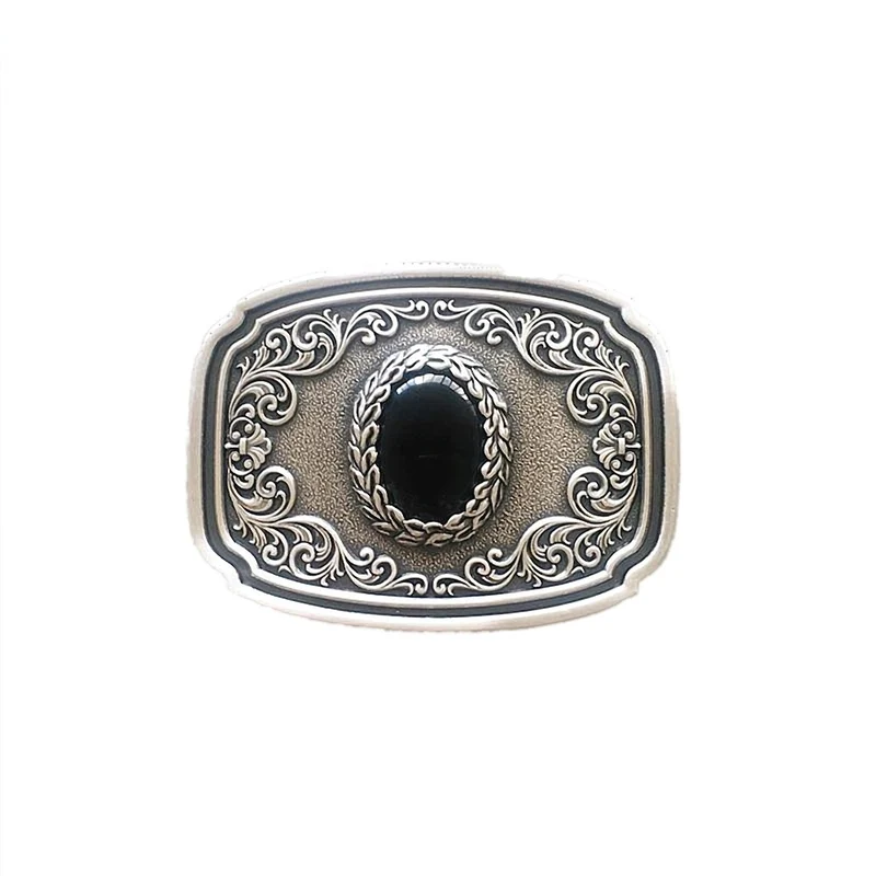 Versilberte Gürtelschnalle Buckle Gürtelschliesse Westernornament mit Obsidian