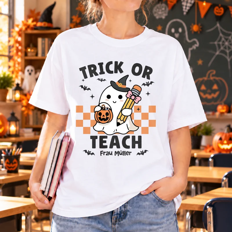 Trick Or Teach - Lehrerin T Shirt Personalisiert Halloween