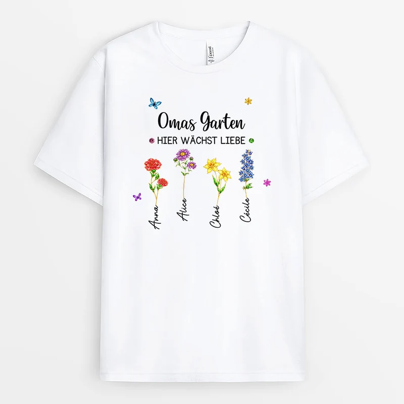 Omas Garten Hier Wächst Liebe - Personalisiertes Geschenk Garten | Mama/Oma T Shirt Glitzer Blumen