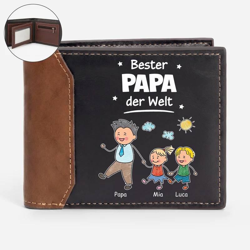 Bester Papa Der Welt - Personalisiertes Geschenk | Premium Leder Portemonnaie Herren Papa Opa Buntstifte