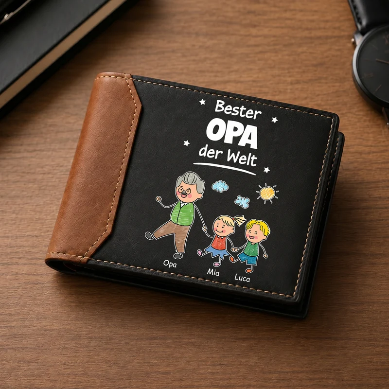 Bester Papa Der Welt - Personalisiertes Geschenk | Premium Leder Portemonnaie Herren Papa Opa Buntstifte