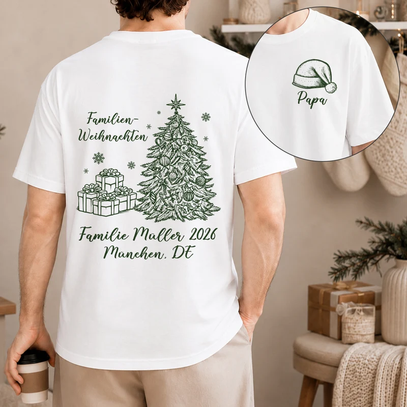 Familienweihnachten - Personalisiertes T Shirt Bedrucken Beidseitig Schwarz