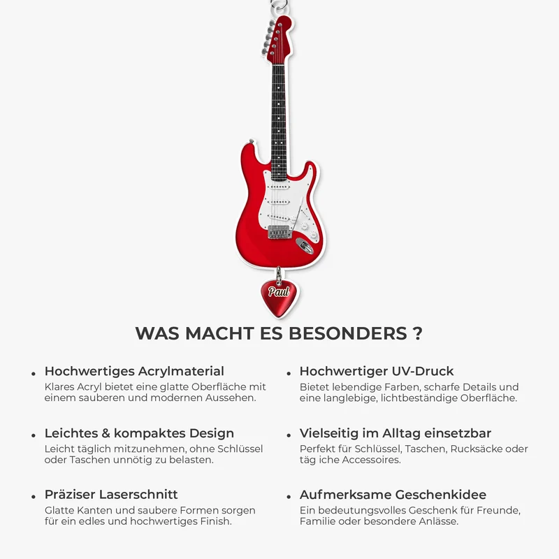 [3D-Optik] Gitarre & Plektrum - Acryl Schlüsselanhänger Personalisiert