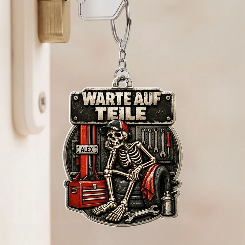 [3D-Optik] Warte Auf Teile - Lustiger Acryl Schlüsselanhänger Personalisiert Mechaniker Garage