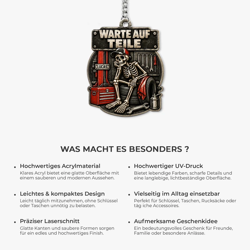 [3D-Optik] Warte Auf Teile - Lustiger Acryl Schlüsselanhänger Personalisiert Mechaniker Garage