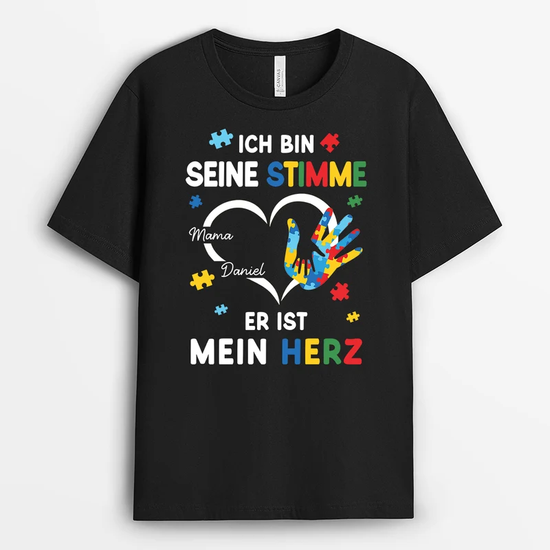 Ich Bin Seine Stimme Er Ist Mein Herz - Personalisiertes Geschenk | Mama Papa Shirt Autismus Puzzleteil