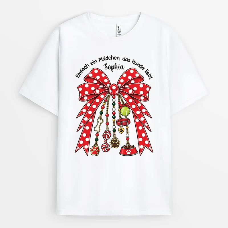 [3D-Optik] Einfach Ein Mädchen Das Hunde Liebt Schleife - T Shirt Hund Personalisiert Katze