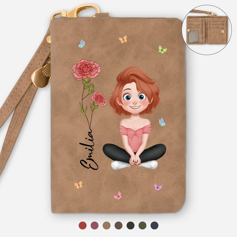 Name + Geburtsmonat Blume - Personalisierte Geschenke Für Frauen | Trifold Portemonnaie Cartoon