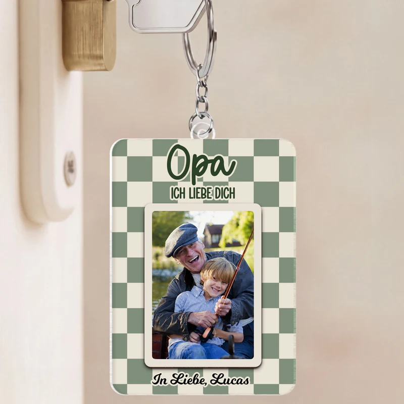 [3D-Optik] Papa Opa Und Kinder Schachbrettmuster - Personalisierte Geschenke Foto | Acryl Schlüsselanhänger
