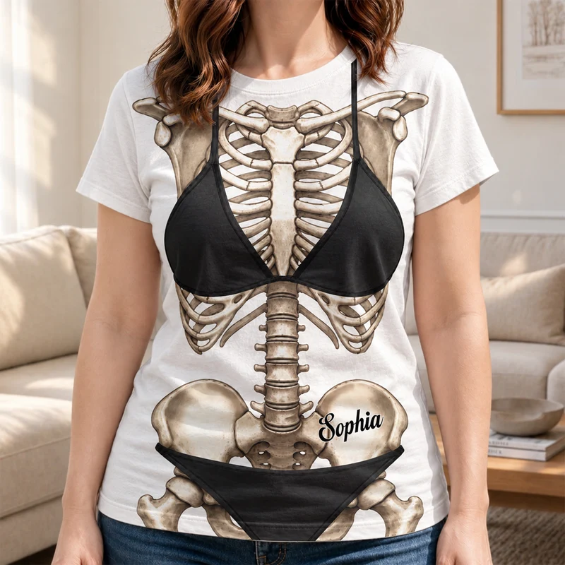 [3D-Optik] Skelett Bikini - Personalisiertes Geschenk | All Over Print T Shirt Halloween