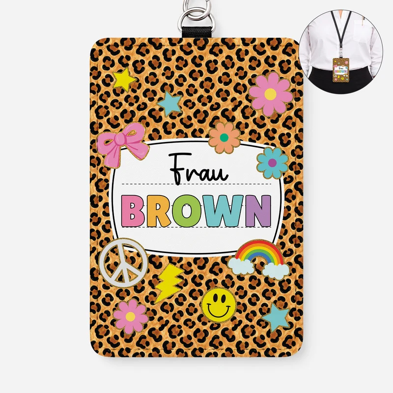 Lehrerin Regenbogen Blumen - Personalisiertes Geschenk | Leder Ausweishalter Mit Band
