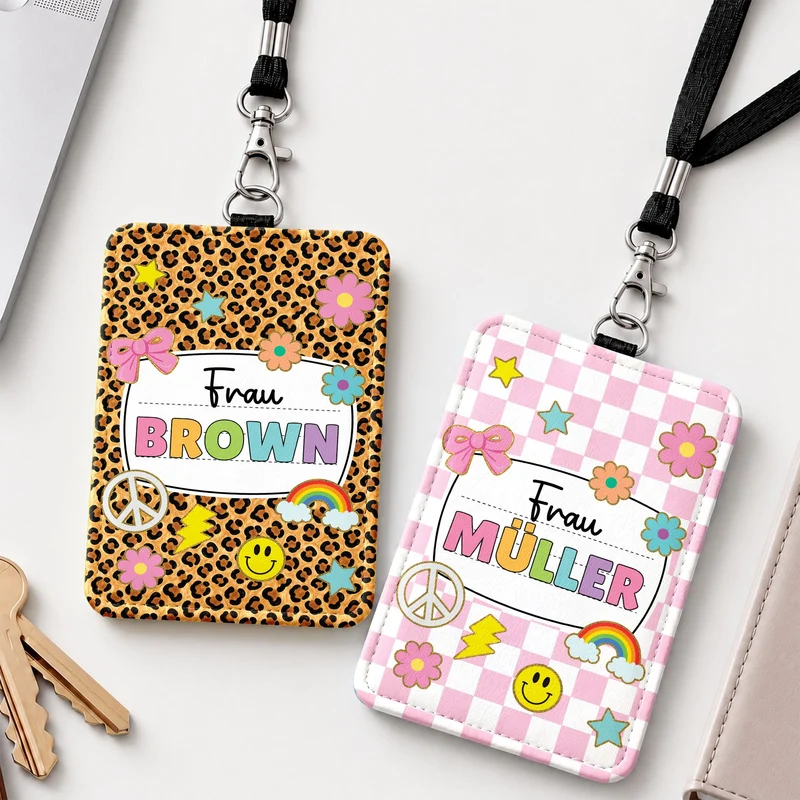 Lehrerin Regenbogen Blumen - Personalisiertes Geschenk | Leder Ausweishalter Mit Band