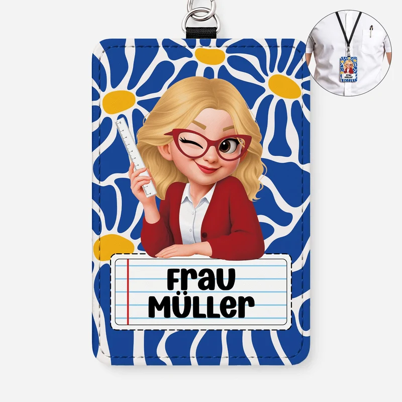 Lehrerin Cartoon - Personalisiertes Geschenk | Leder Ausweishalter Mit Band
