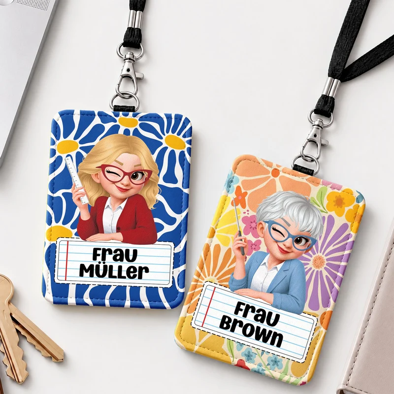 Lehrerin Cartoon - Personalisiertes Geschenk | Leder Ausweishalter Mit Band
