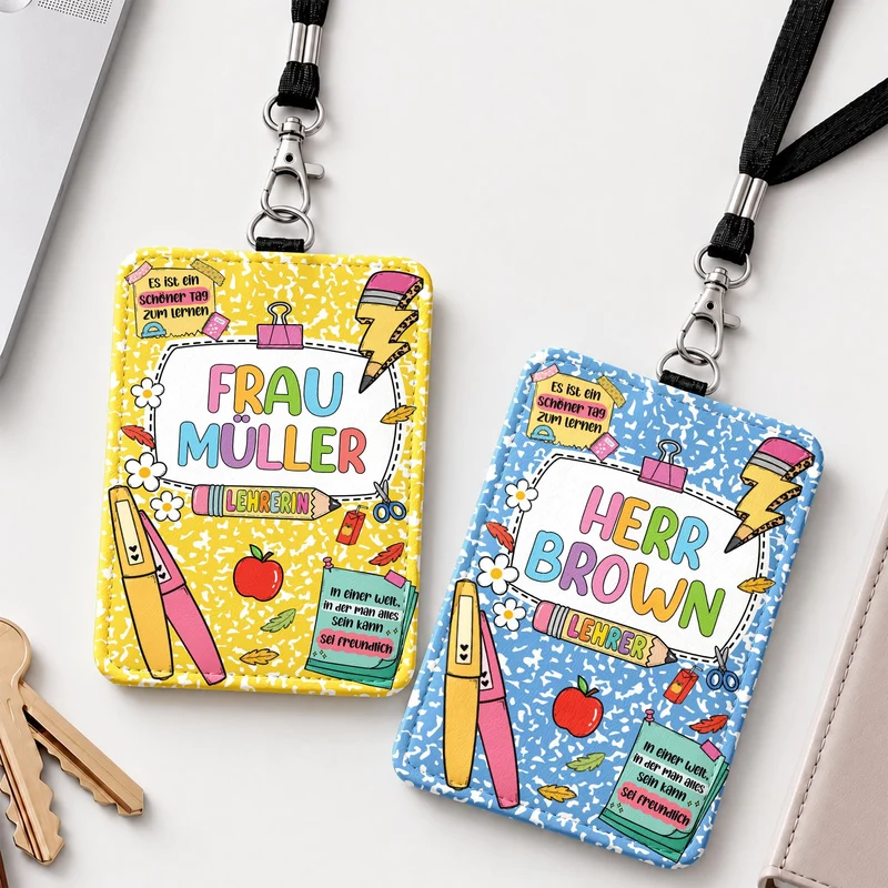 Es Ist Ein Schöner Tag Zum Lernen - Personalisiertes Geschenk Lehrer | Leder Ausweishalter Mit Band Streifen
