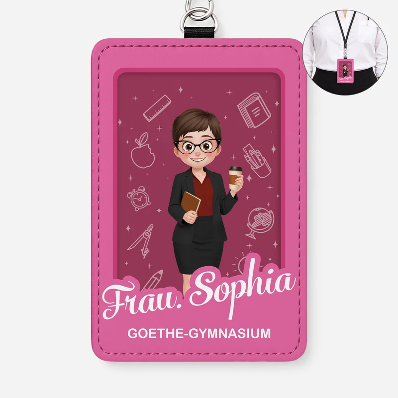 Lehrerin + Schulname - Personalisiertes Geschenk | Leder Ausweishalter Mit Band