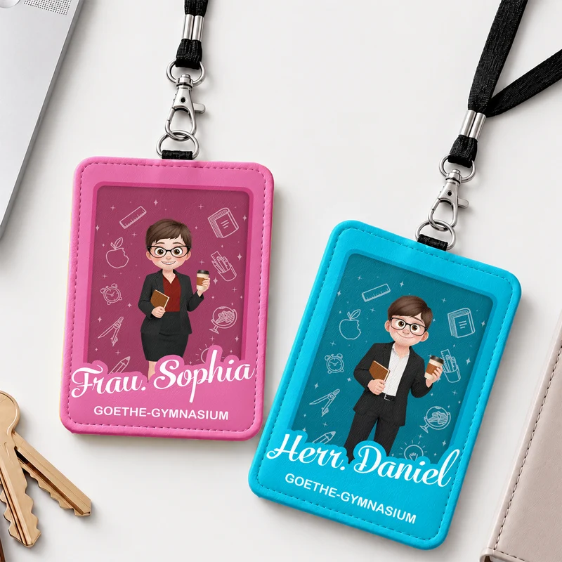 Lehrerin + Schulname - Personalisiertes Geschenk | Leder Ausweishalter Mit Band
