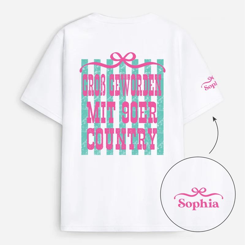 Groß Geworden Mit 90Er-Country - Personalisiertes Geschenk | T-Shirt Mit Rücken- Und Ärmelprint Damen Männer Retro