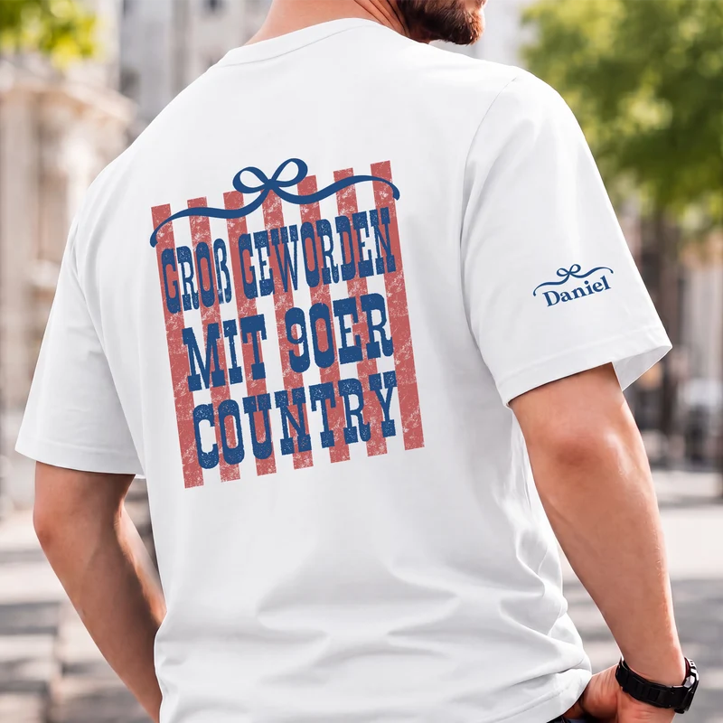 Groß Geworden Mit 90Er-Country - Personalisiertes Geschenk | T-Shirt Mit Rücken- Und Ärmelprint Damen Männer Retro
