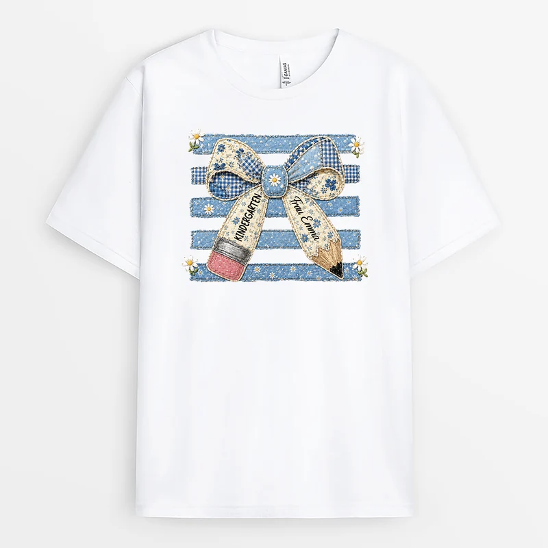 Kindergarten Geschenkschleife Bleistift - Personalisiertes Geschenk Lehrer | T Shirt Patchwork Weiß