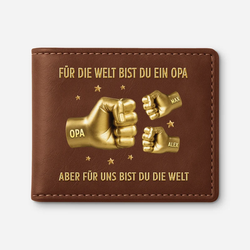 [3D-Optik] Für Die Welt Bist Du Ein Papa - Personalisiertes Geschenk | Leder Portemonnaie Herren Papa Opa Faust Gold