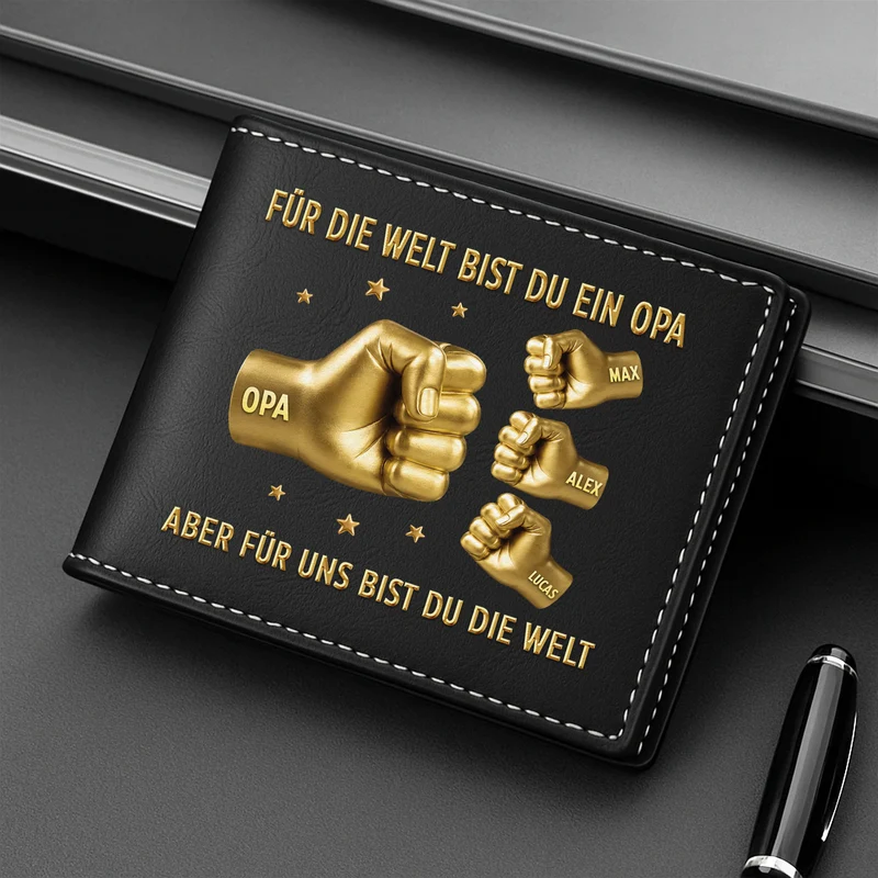 [3D-Optik] Für Die Welt Bist Du Ein Papa - Personalisiertes Geschenk | Leder Portemonnaie Herren Papa Opa Faust Gold
