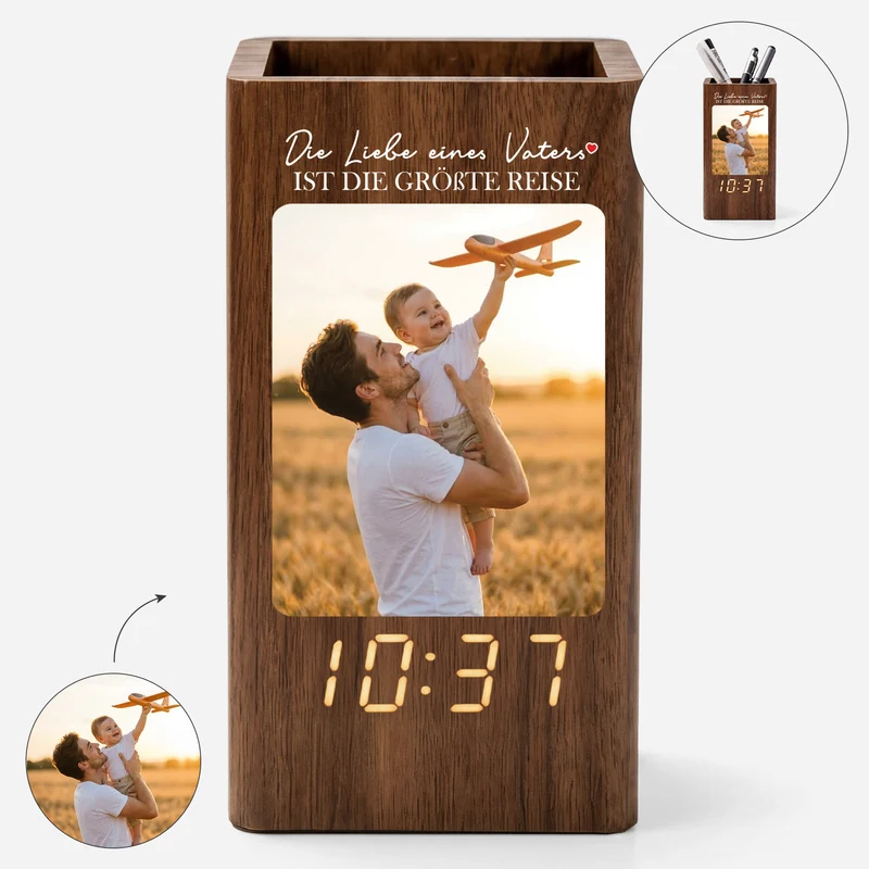 Die Liebe Eines Papas Ist Die Größte Reise - Personalisierte Geschenke Foto | Stiftehalter Mit Uhr Papa Mama