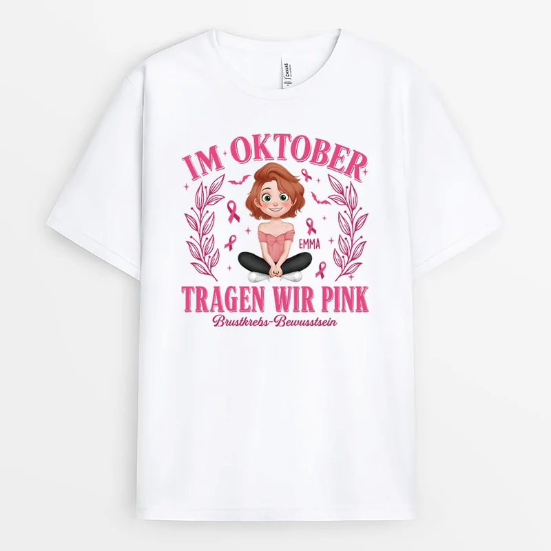 Im Oktober Tragen Wir Pink - Personalisiertes Geschenk | Brustkrebs T Shirt Cartoon