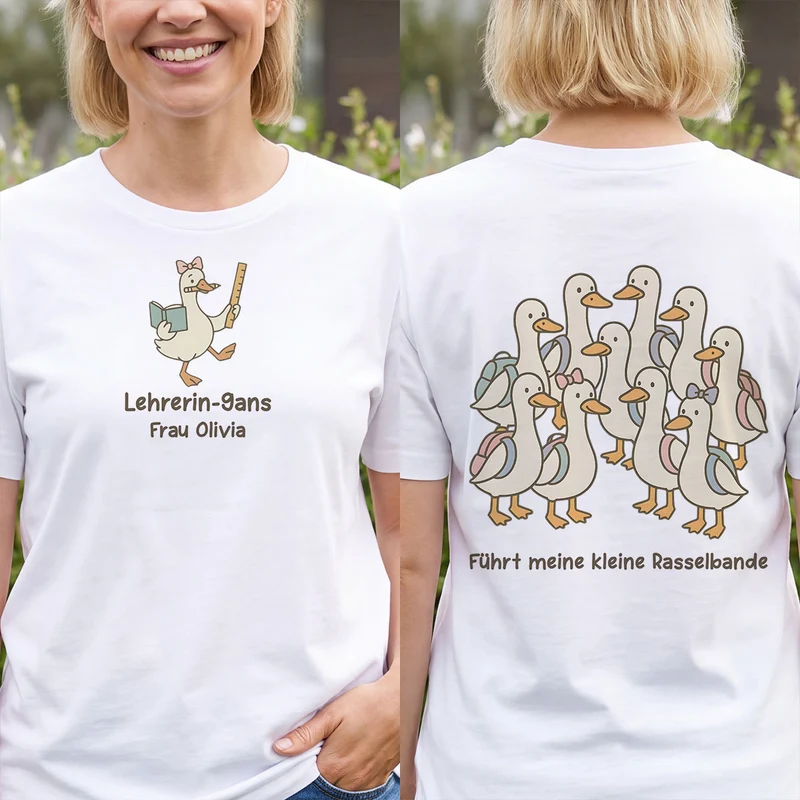 Lehrerin-Gans Führt Meine Kleine Rasselbande - Personalisiertes Geschenk | T Shirt Bedrucken Beidseitig