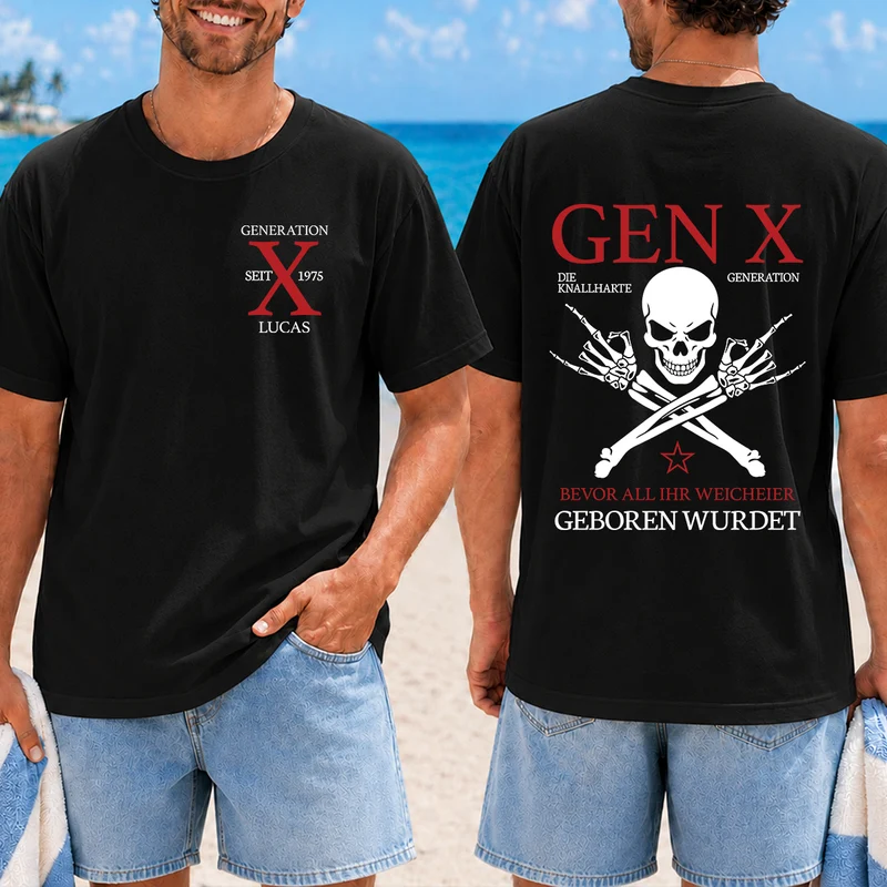 Gen X Skelett Mittelfinger - Personalisiertes Geschenk | T Shirt Bedrucken Beidseitig Papa Opa
