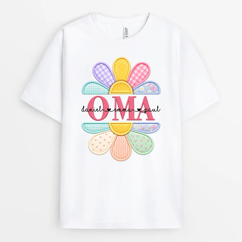 [3D-Optik] Mama Mit Kindernamen - Personalisiertes Geschenk | Oma Mama T Shirt Blume Patchwork