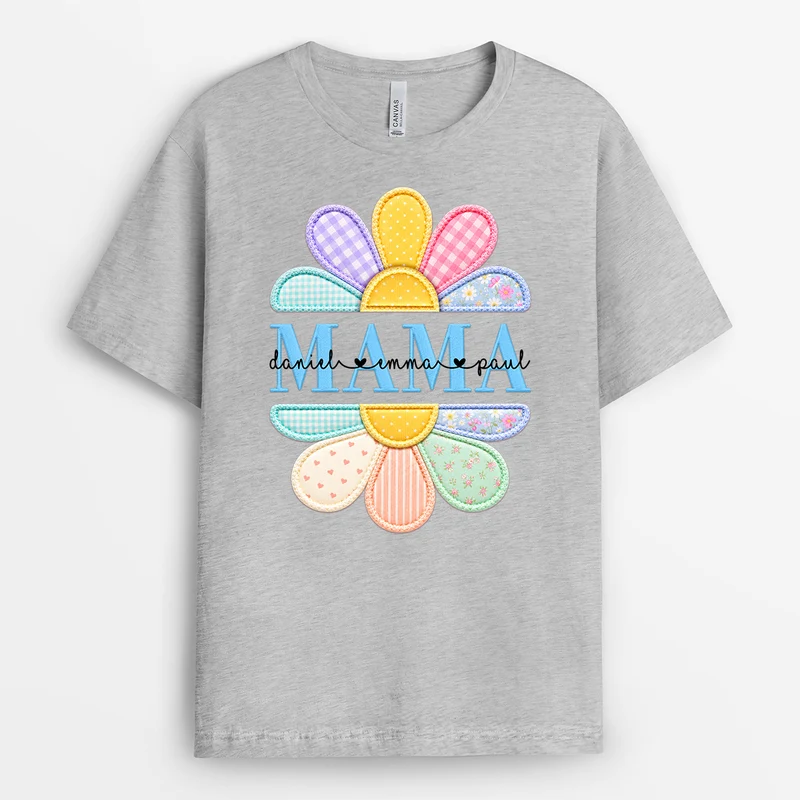 [3D-Optik] Mama Mit Kindernamen - Personalisiertes Geschenk | Oma Mama T Shirt Blume Patchwork