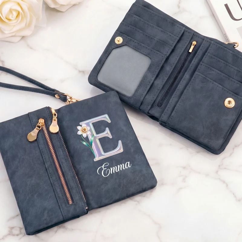 Alphabet Name + Geburtsmonat Blume - Personalisierte Geschenke Für Frauen | Trifold Portemonnaie Hologram