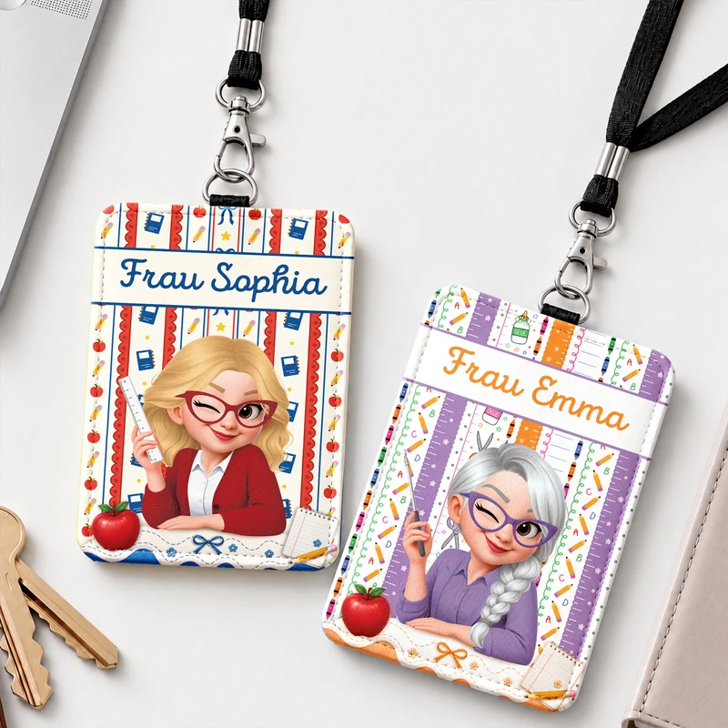 Lehrerin Apfel Blumen - Personalisiertes Geschenk | Leder Ausweishalter Mit Band