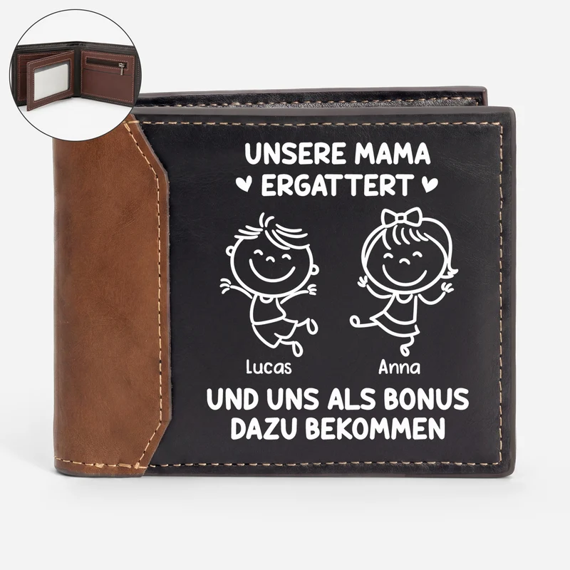Schau Dich An Unsere Mama Ergattert Und Uns Als Bonus Dazu Bekommen - Personalisierte Geschenke Lustig | Premium Leder Portemonnaie Herren Papa