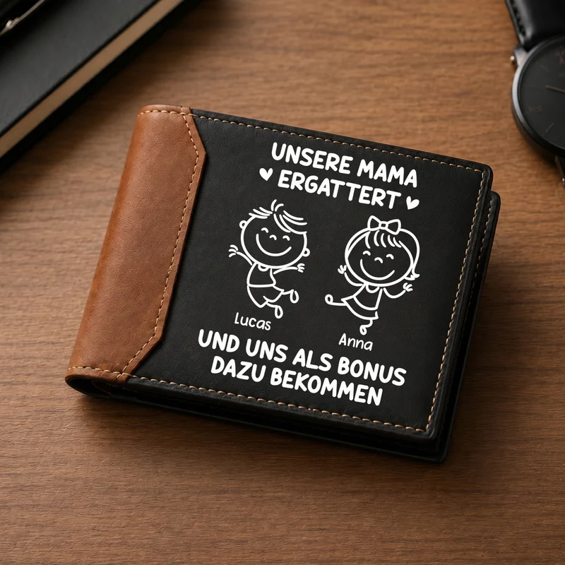 Schau Dich An Unsere Mama Ergattert Und Uns Als Bonus Dazu Bekommen - Personalisierte Geschenke Lustig | Premium Leder Portemonnaie Herren Papa