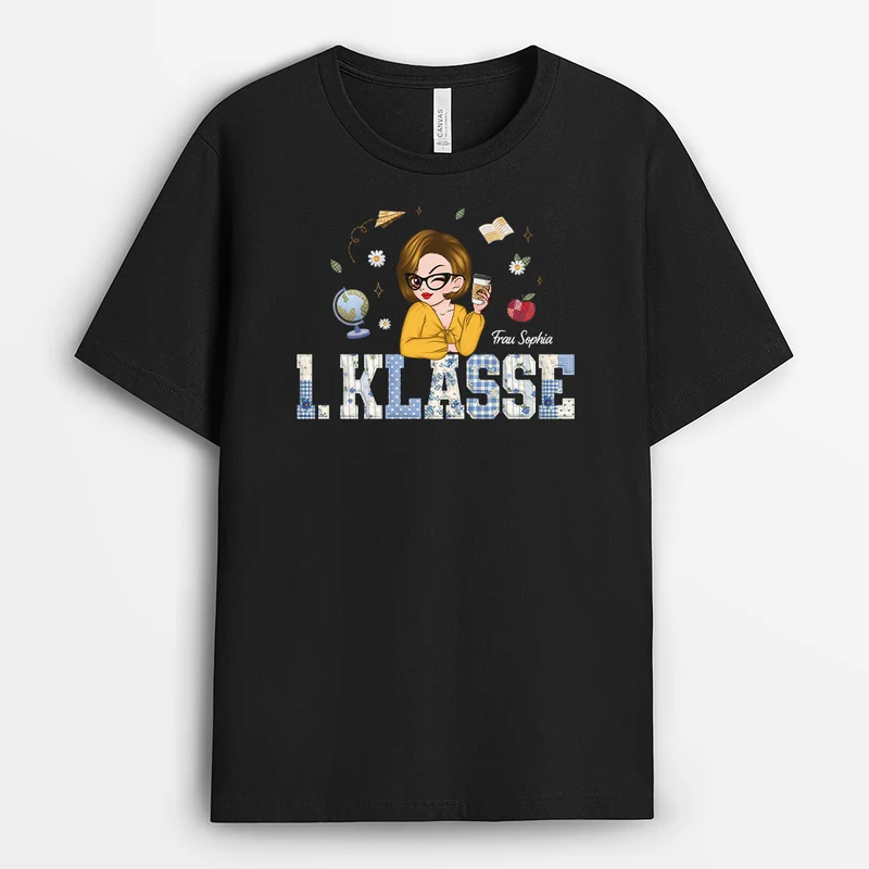 1 Klasse Grundschule - Personalisiertes Geschenk | Patchwork Lehrer T Shirt Schwarz