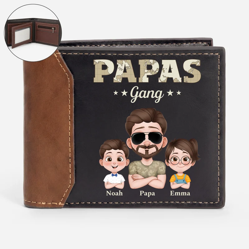 Papas Gang - Personalisiertes Geschenk | Premium Leder Portemonnaie Herren Papa Opa Weltkarte Tarnmuster