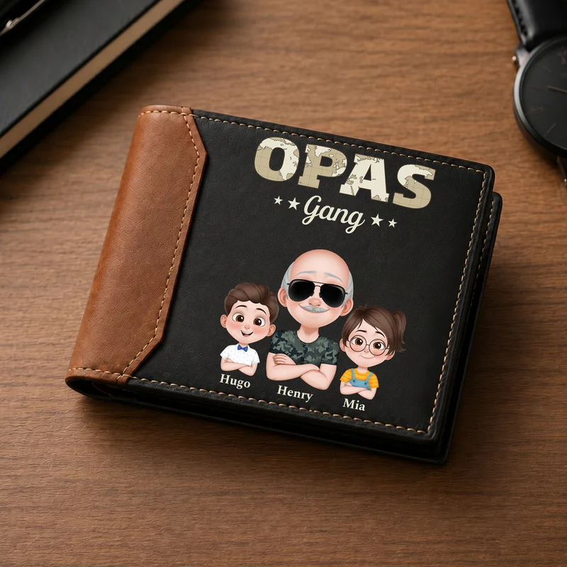 Papas Gang - Personalisiertes Geschenk | Premium Leder Portemonnaie Herren Papa Opa Weltkarte Tarnmuster