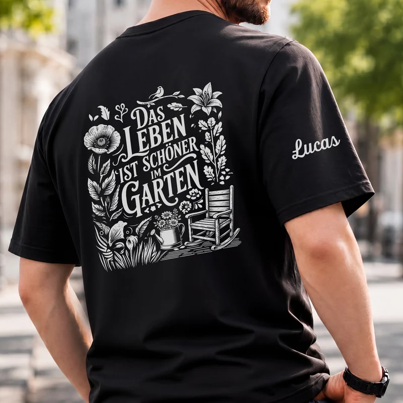Das Leben Ist Schöner Im Garten - Personalisiertes Geschenk | T-Shirt Mit Rücken- Und Ärmelprint Damen Männer