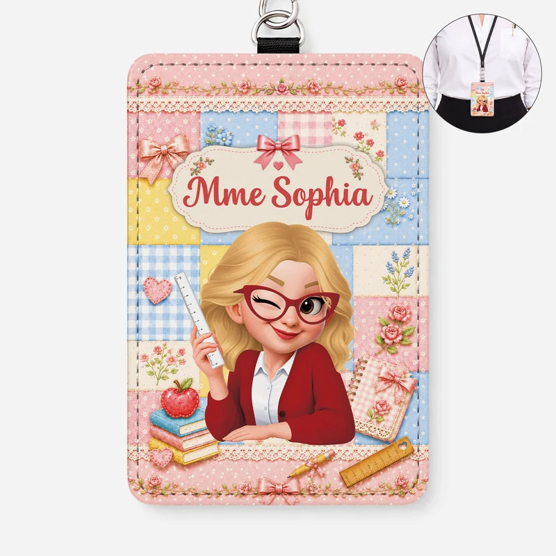 Patchwork + Name - Personalisiertes Geschenk Lehrer | Leder Ausweishalter Mit Band