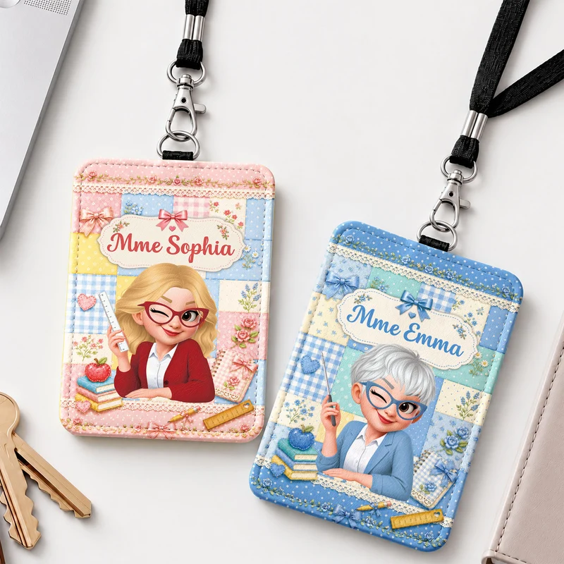 Patchwork + Name - Personalisiertes Geschenk Lehrer | Leder Ausweishalter Mit Band