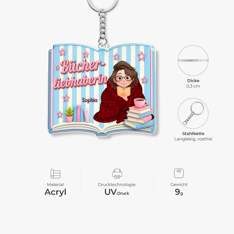 [3D-Optik] Bücherliebhaberin - Personalisierte Geschenke Für Leseratten Frauen Männer | Acryl Schlüsselanhänger