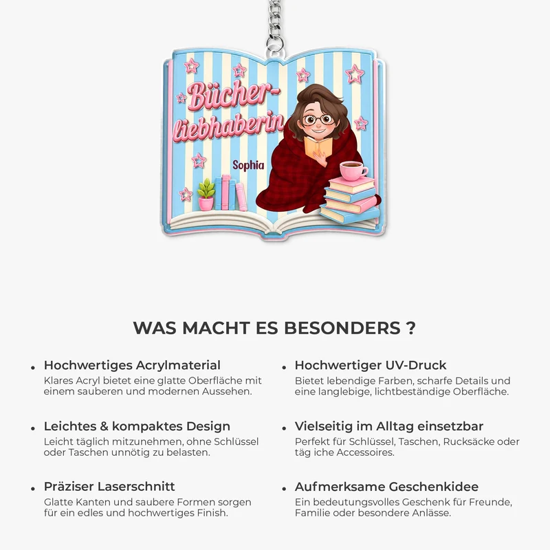 [3D-Optik] Bücherliebhaberin - Personalisierte Geschenke Für Leseratten Frauen Männer | Acryl Schlüsselanhänger
