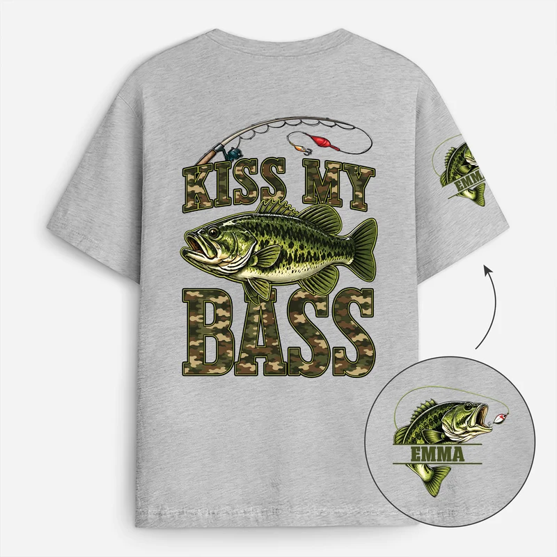 Kiss My Bass - Personalisierte Geschenke Lustig | T-Shirt Mit Rücken- Und Ärmelprint Angeln