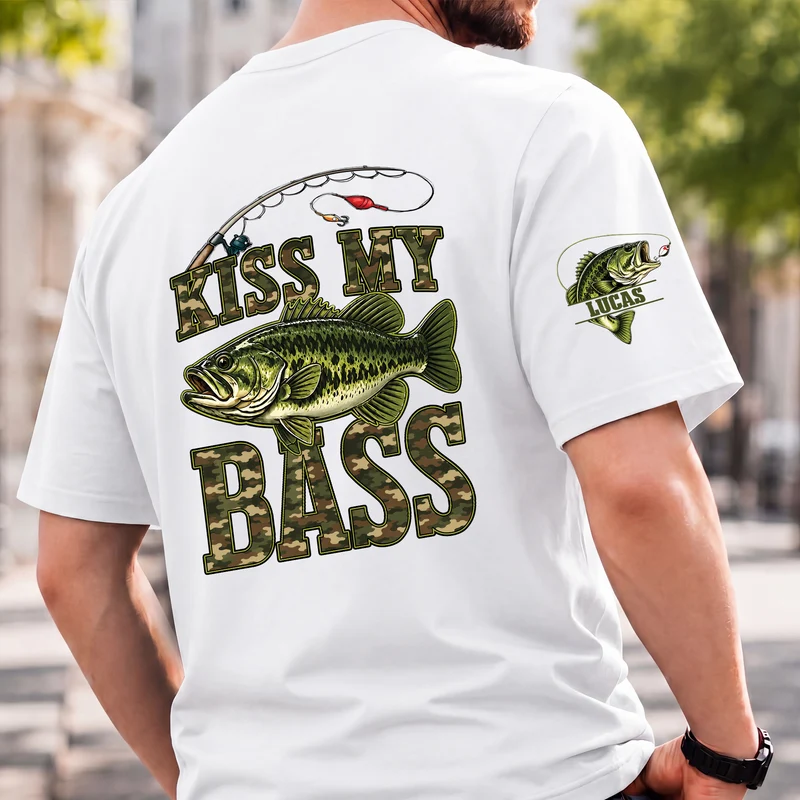 Kiss My Bass - Personalisierte Geschenke Lustig | T-Shirt Mit Rücken- Und Ärmelprint Angeln