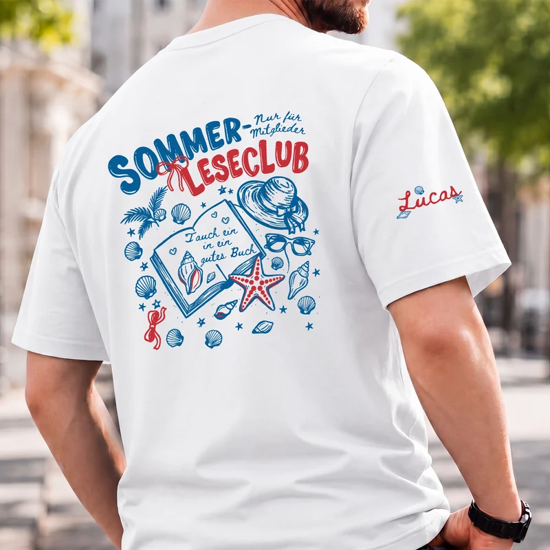Sommer-Leseclub Tauch Ein In Ein Gutes Buch - Personalisiertes Geschenk | T-Shirt Mit Rücken- Und Ärmelprint Männer Frauen