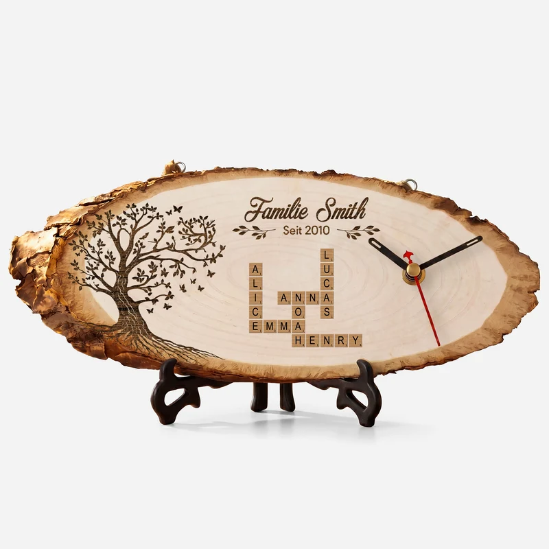 Familie Kreuzworträtsel - Personalisiertes Geschenk | Uhr Holzscheibe