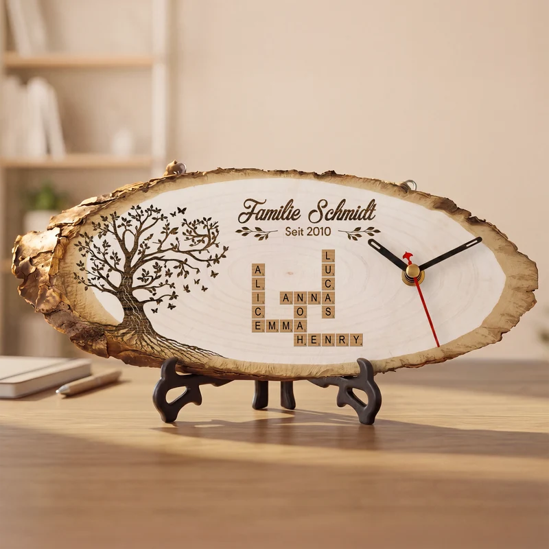 Familie Kreuzworträtsel - Personalisiertes Geschenk | Uhr Holzscheibe