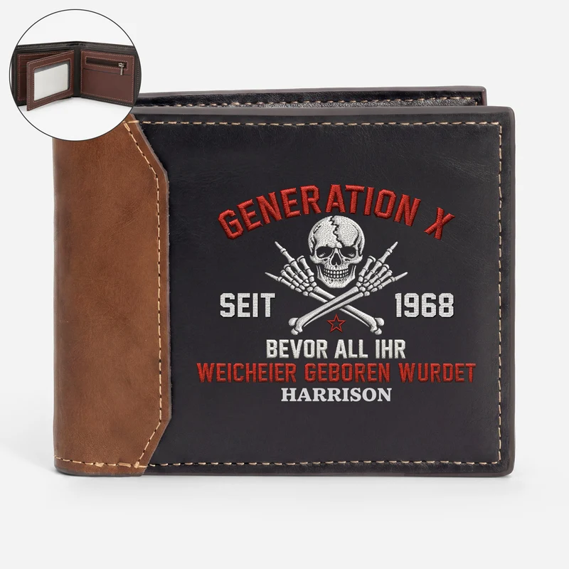 [3D-Optik] Gen X Skelett Mittelfinger - Personalisierte Geschenke Lustig | Premium Leder Portemonnaie Papa Opa